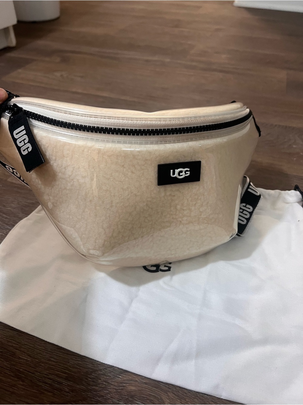 UGG Cream Shearling Clear Crossbody Belt Bag with Black Trim/A744